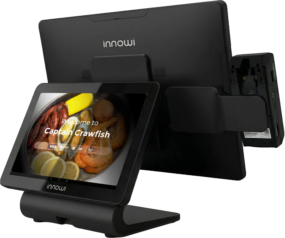 Innowi dual-screen POS terminal with a customer-facing display at a restaurant counter