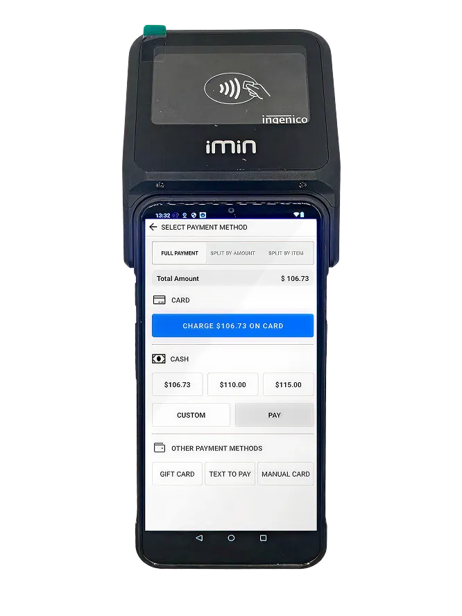 Server taking a tableside order and payment on an Innowi handheld POS