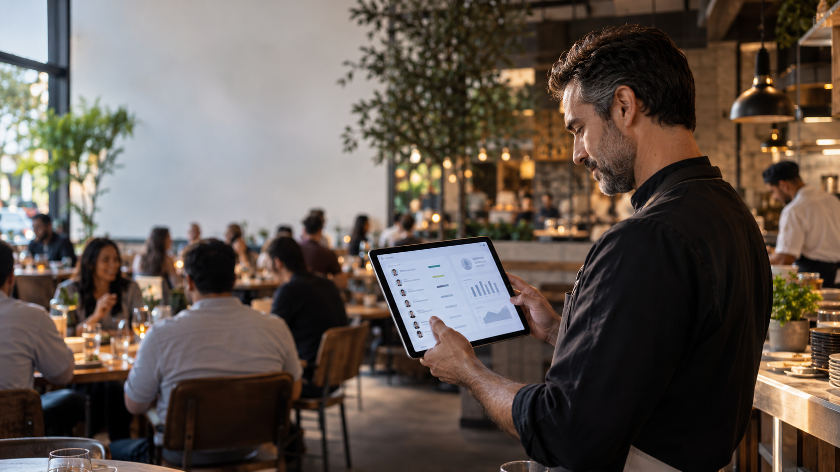 Restaurant owner reviewing restaurant customer data and order history on a tablet