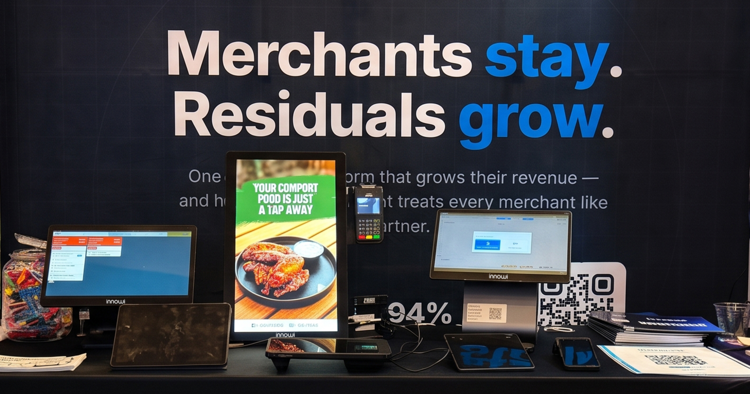 Innowi's WSAA 2026 booth with a self-order kiosk, POS terminal, and a banner for ISOs, agents, and partners