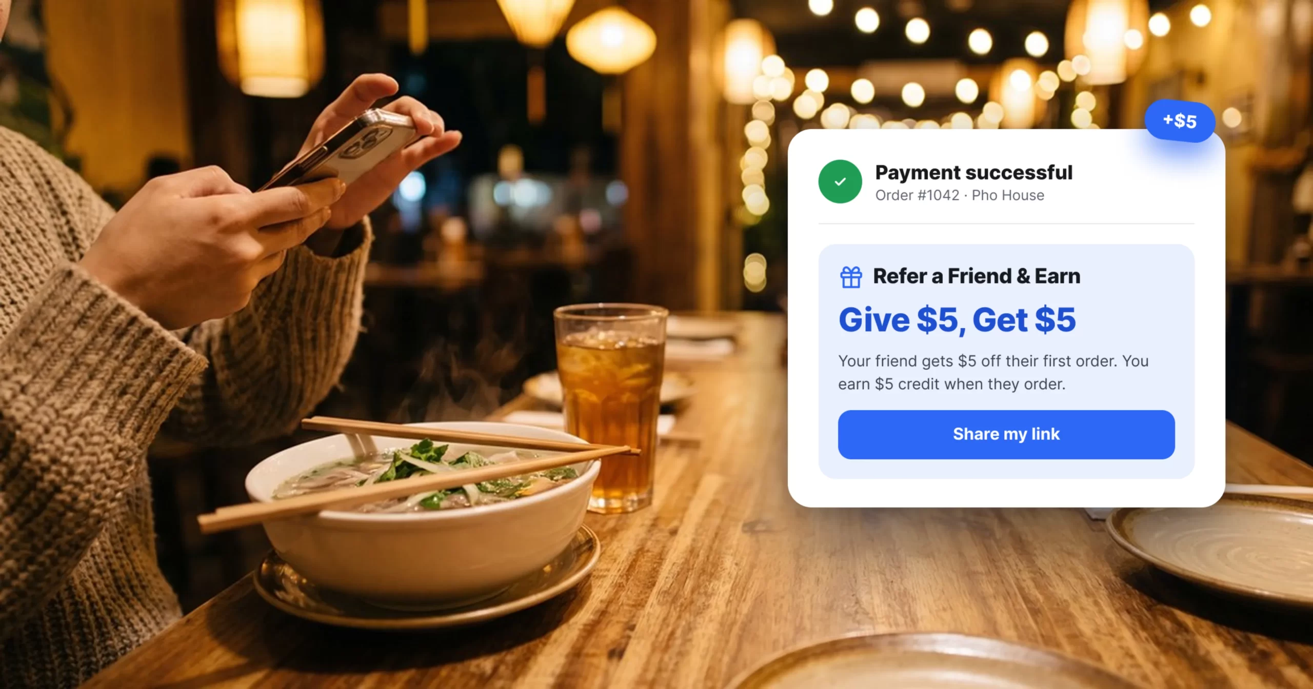 Refer a Friend & Earn, Give $5, Get $5: a phone showing the Innowi order confirmation with the referral prompt, and the text message a friend receives