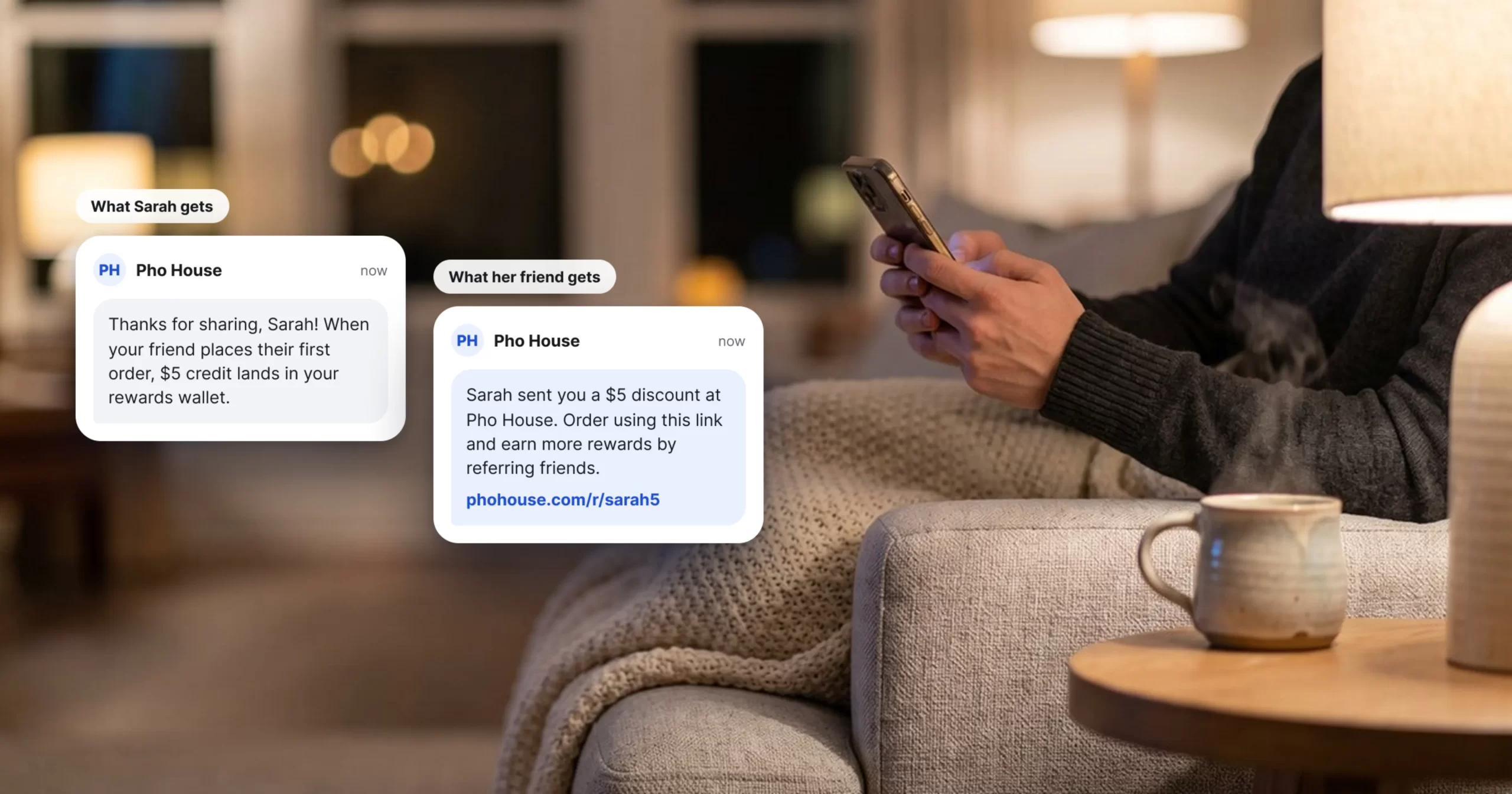Two phones showing Innowi referral text messages: the referrer’s confirmation and the friend’s discount link