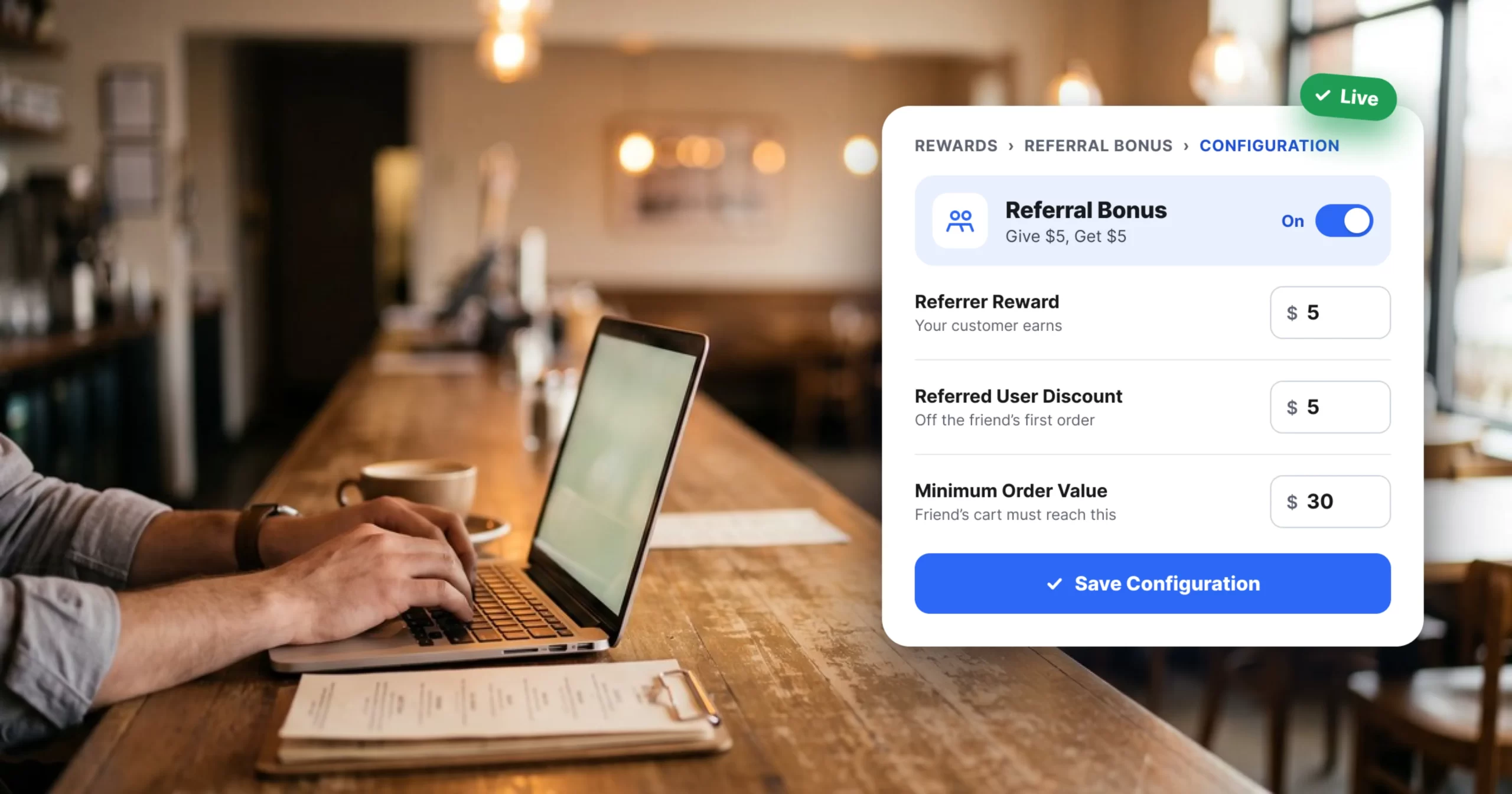 Eight-step tutorial showing how to enable the Innowi Referral Program: open Rewards, turn on Referral Bonus, click Manage Reward, set rewards, save configuration